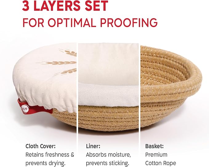 KneadAce Cotton Rope Banneton Bread Proofing Basket Set, 2 x Round Bread Basket with Liners & Covers for Artisan Bread Baking, Sourdough Bread Baking Supplies
