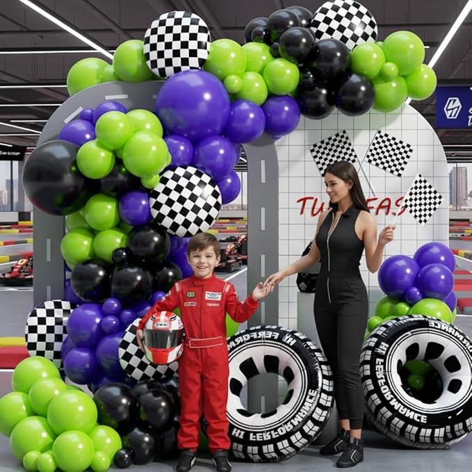 Monster Truck Balloon Arch Garland Kit 156pcs, Green Purple Black Silver Big Wheels Race Car Balloons Arch Kit for Two Fast Theme Boy Birthday Anniversary Monster Truck Jam Party Decorations