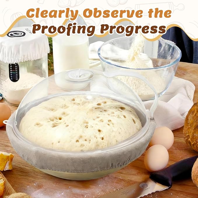 2 Pack 10 Inch Banneton Bread Proofing Basket with Clear Lid, Sourdough Bread Baking Bowl, Round Dough Proofing Bowls, Natural Rattan Sourdough Baskets for Bakers Food Vegetables Display