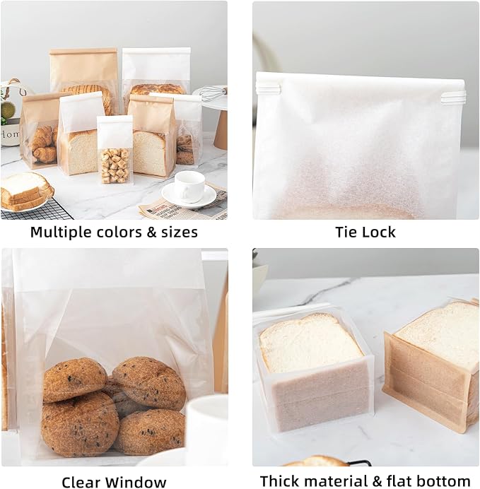 50 Pcs Bread Bags with Tin Tie, Loaf Bags Made Of Brown Cotton Paper, Storage Packing Bag with Clear Window for Bakery, Cafe, Homemade Bread, Mini Size 3.9 Inch