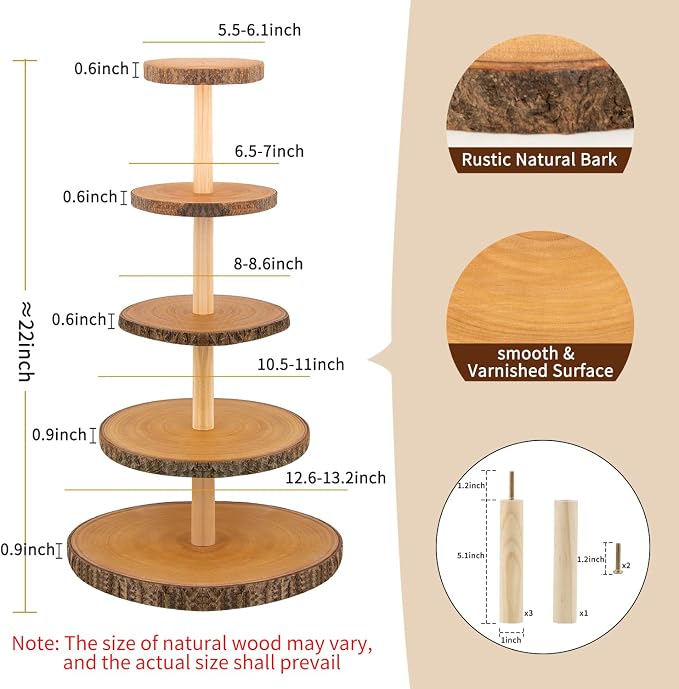 Wooden 5-Tier Rustic Cupcake Stand for Wedding Cakes, Tiered Dessert Tower Display Centerpiece for Parties, Events & Celebrations