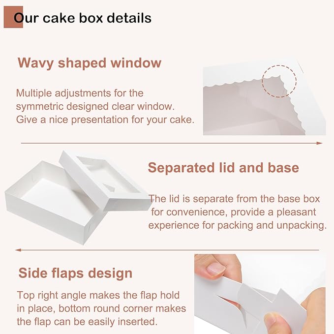 Mefleet 25pcs 14x10x4 Rectangle Cake Boxes with Window - Quarter Sheet Bakery Boxes for Donuts, Cookies, Cupcakes, Pastry Baking Pie Treat Packaging White Large