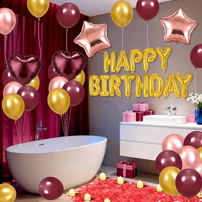 Burgundy Happy Birthday Balloons Decorations Burgundy Rose Gold Birthday Balloon Letters Banner with Star Heart Balloons Artificial Rose Petals 24 Flameless LED Candles for Birthday Party Supplies