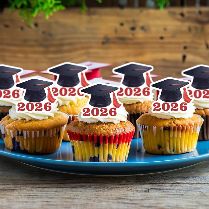 42pcs Edible Graduation Cap Cupcake Toppers Wafer Paper Red Class of 2026 Cake Decorations Edible Grad Cap Cupcake Picks for 2026 Graduation Theme Party Cake Decor Supplies