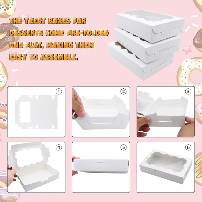 Cookie Boxes with Window White Bakery Boxes 7 x 4.3 x 1.5 Inch Takeout Treat Boxes for Cookies, Donuts, Pastry, Strawberries, Macarons(20PCS)