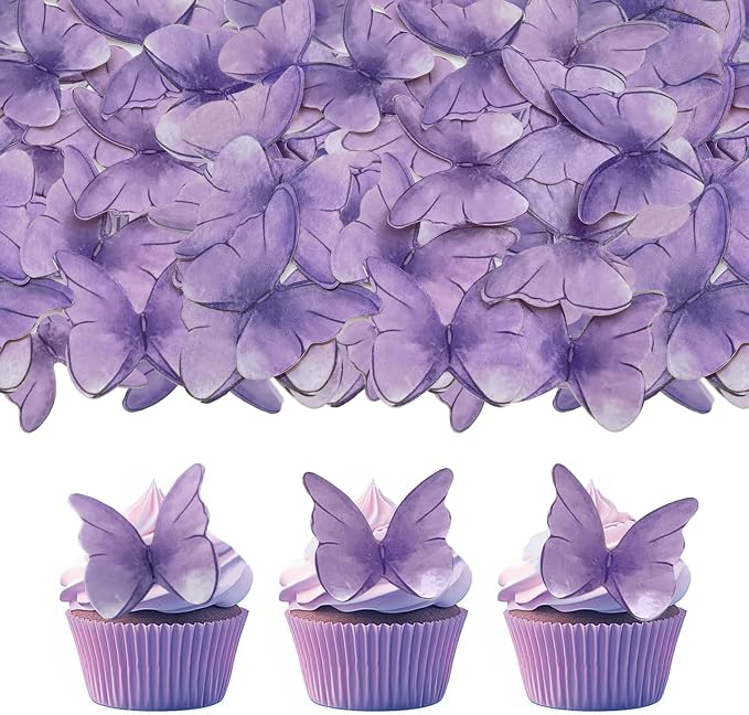52 pcs edible wafer paper butterfly cake decoration, Cupcake topper multicolor butterfly decorative paper suitable for weddings birthdays Christmas cocktails (Watercolor purple)
