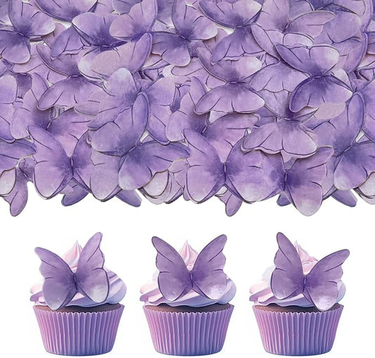 52 pcs edible wafer paper butterfly cake decoration, Cupcake topper multicolor butterfly decorative paper suitable for weddings birthdays Christmas cocktails (Watercolor purple)