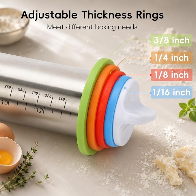 Adjustable Stainless Steel Rolling Pin & Non-Slip Silicone Baking Mat Set with Thickness Rings, Dough Roller with Guides & Pastry Mat for Fondant,Pizza, Cookies, Pies,Baking Supplies & Kitchen Gadgets