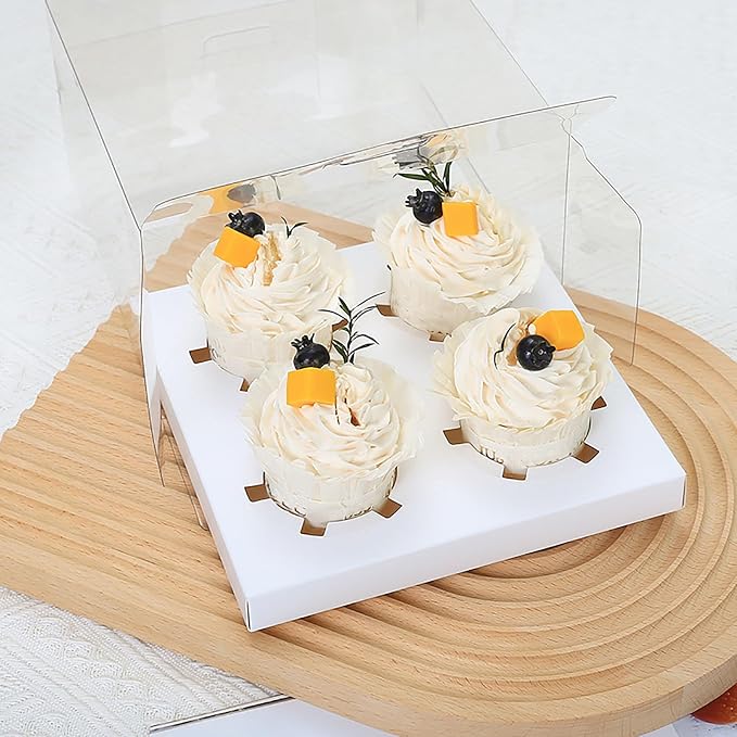 Cedilis 20 Pack Clear Cupcake Boxes with Gift Ribbon, 4 Count Plastic Cupcake Containers, Cupcake Carrier Holder for Treat Dessert Cookies Muffins Pastry Baby Shower Party