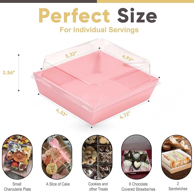 Leafiew 50 Pack Small Clear Treat Boxes - Dessert Boxes To Go - 5Inch Disposable Paper Mini Containers for Cookie, Cake Slice, Charcuterie, Bakery, Pastry, Strawberry, Baked Goods Packaging (Pink)