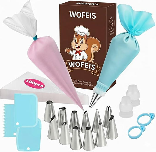 Piping Bags and Tips Set, 120 Pcs Cake Decorating Kit with 100 Disposable Piping Bags, Reusable Icing Bag, Frosting Tips, Couplers, Cake Scrapers, Cupcake Decorating Supplies