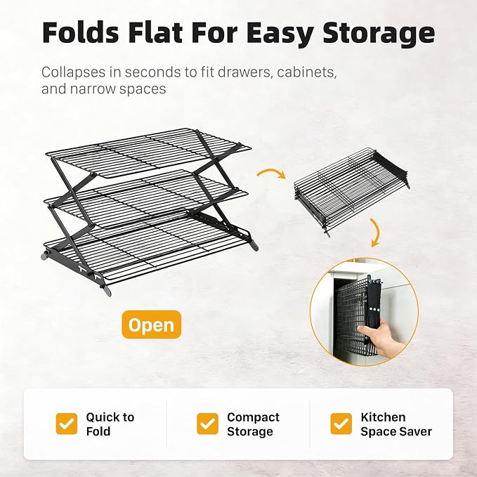 3 Tier Cooling Rack, Collapsible Adjustable Height Wire Baking Rack with Stable X-Leg Design, Space-Saving Cooling Racks for Cooking and Baking Cookies, Cakes & Pastries, 17.1" x 9.8", Black