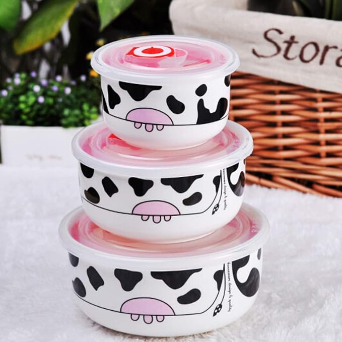 Cow Print Ceramic Food Storage Bowls with Lids, Set of 3 Nesting Porcelain Bowls, Airtight Meal Prep Containers for Kitchen, Salad, Soup and Snacks, Microwave & Dishwasher Safe