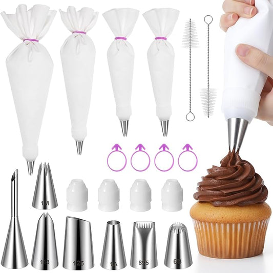 Reusable Piping Bags and Tips Set, Cotton Reusable Piping Bag 12+14+16", with Coupler, Stainless Steel Nozzles & Cleaner, Easy to Clean, Eco-Friendly Baking Kit for Cake Decorating