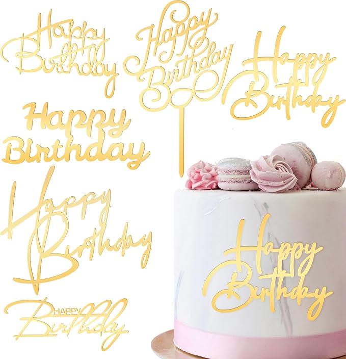 Lusofie 6 PCS Gold Happy Birthday Cake Toppers Mirror Side Cake Toppers | DIY Acrylic Glitter Cake Inserts ，Birthday Party Event Side Cupcake Cake Decorations，Happy Birthday Side Cake Topp