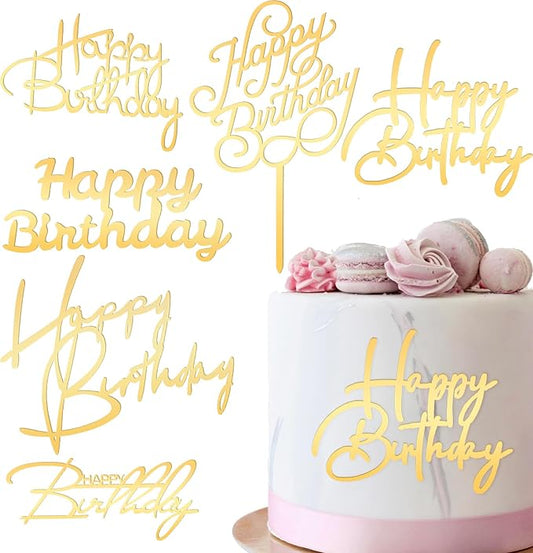 Lusofie 6 PCS Gold Happy Birthday Cake Toppers Mirror Side Cake Toppers | DIY Acrylic Glitter Cake Inserts ，Birthday Party Event Side Cupcake Cake Decorations，Happy Birthday Side Cake Topp