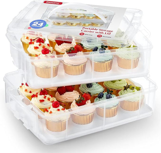Gencywe Plastic Cupcake Carrier 24 Count, 2-Layer Cupcake Holder Carries with Lid & Handles, Cookie, Cake, Cupcake and Brownie Storage Carrier, Reusable Cupcake Box