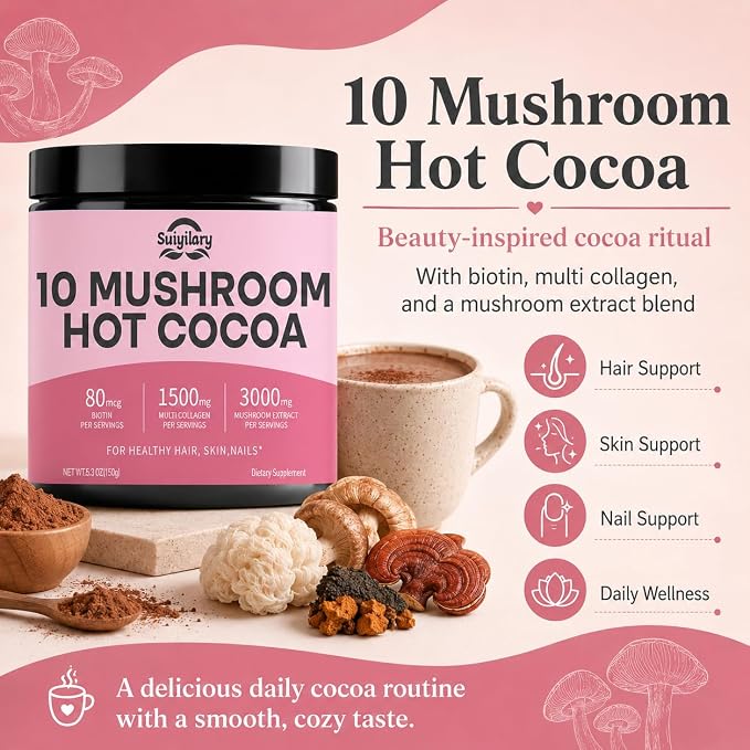 Suiyilary 10 Mushroom Hot Cocoa, 1500mg Collagen, 80mcg Biotin, Sugar Free Keto Cocoa Powder, for Healthy Hair, Skin and Nails, 15 Servings