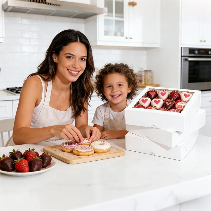 TEMLQPACK 6pcs 10x10x2.5 Inches White Bakery Boxes with Window, Pie, Cookies, Chocolate Covered Strawberries, Breakable Heart, Charcuterie Boxes for Christmas