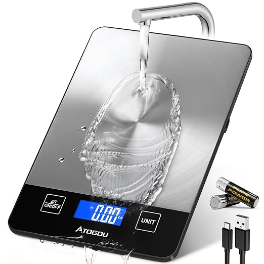 Atogou Food Scale - 33lb Digital Kitchen Scale Ounces Grams, Rechargeable & Full-View Display, Water-Resistant, Batteries or USB-C Charging, Stainless Steel, for Cooking, Meal Prep, Package (Black)