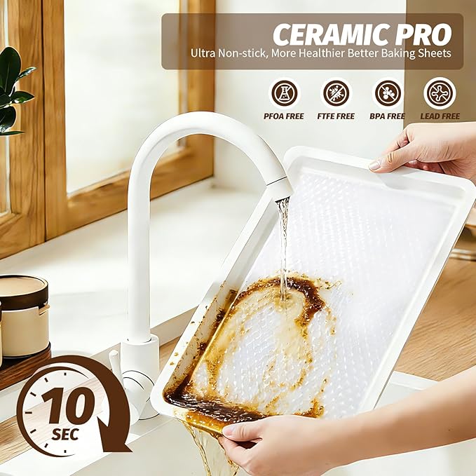 Nonstick Ceramic Baking Sheet With Rack, 3-Pack Half/Jelly Roll/Quarter Sheet Pan, Non-Toxic, PTFE & PFOA Free, Warp-Free, Oven Safe 550°F, Dishwasher Safe, Aluminized Steel, Gray Yellow