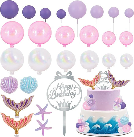 BEISHIDA 27pcs Mermaid Theme Birthday Cake Decorations 3D Tails, Silver Happy Birthday Cake Topper, Seashells & Starfish for Under The Sea Decorations Ocean Mermaid Party for Girls