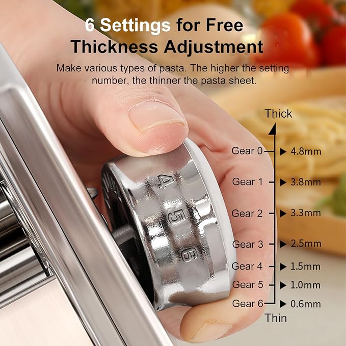 Home Manual Dough Presser, Stainless Steel Noodle Maker Machine, Dumpling Wrapper Press with 6-Thickness Settings (0.6-4.8mm), 3 Noodle Widths (2mm/6mm/9mm), Noodle Cutter for Kitchen