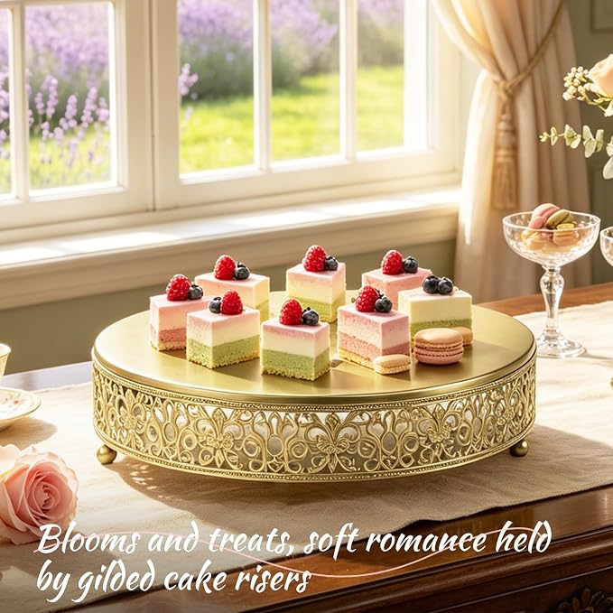 14 Inch Luxury Light Gold Cake Stand, Round Metal Dessert Display with Ornate Filigree Lace, Dual‑Coated Premium Finish for Wedding, Anniversary & Elegant Home Decor