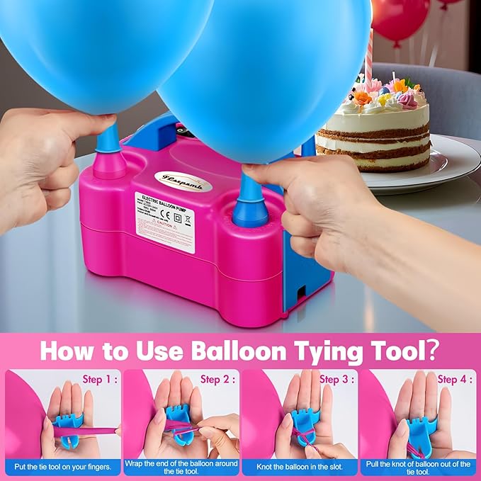 FLSEPAMB Balloon Pump, Electric Balloon Pump,Portable Dual Nozzles Electric Balloon Air Pump 110V 600W, Electric Balloon Inflator with Tying Tool, Colored Ribbons for Party Decoration