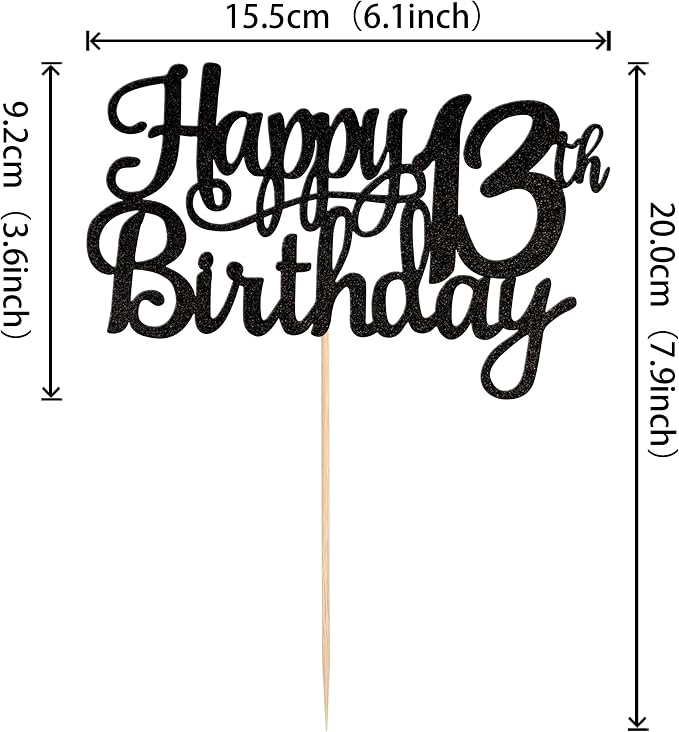 1 PCS Happy 13th Birthday Cake Topper Glitter Cheers to 13 Years Birthday Cake Pick Official Teenager 13 Fabulous Cake Decoration for Happy 13th Birthday Theme Party Decorations Supplies Black