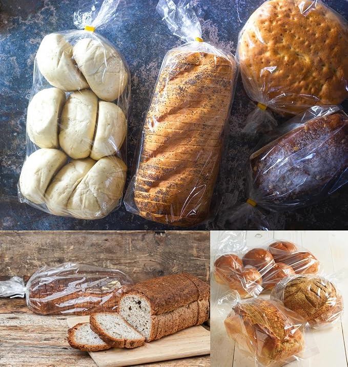 Bread Loaf Packing Bags with Ties, Large Bakery Bread Plastic Bags, 8' x 4' x 18', 100 Pack, Reusable Adjustable