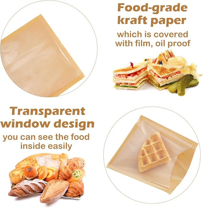 Ocmoiy 100ct Heat-Sealable Bakery Bags with Window for Egg Sandwich, Donut, Cookies Packaging, 7.1x7.5 Inches Clear Front Brown Paper Treat bags To go, Grease-Resistant (100)