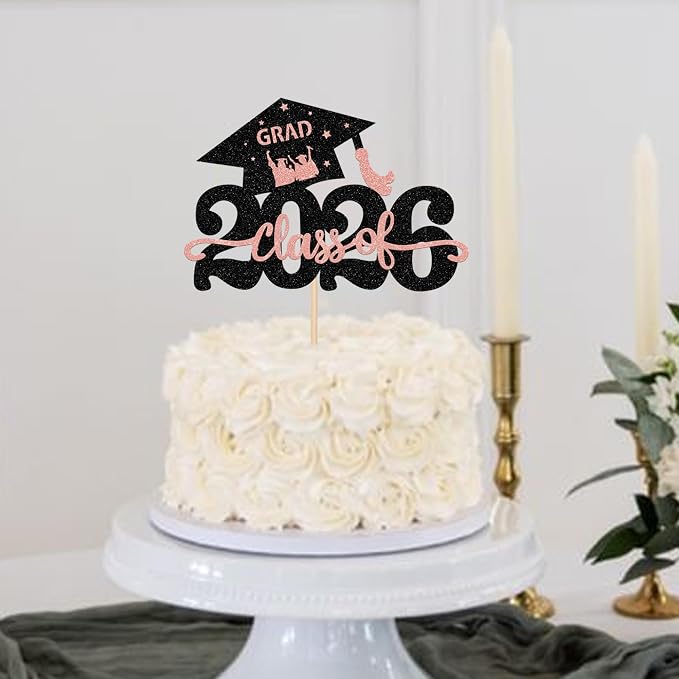 1 Pack Class of 2026 Cake Topper Glitter Congrats Grad Cap 2026 Graduation Cake Pick Decoration for 2026 Graduation Theme High School Graduate Party Cake Decorations Supplies Rosegold