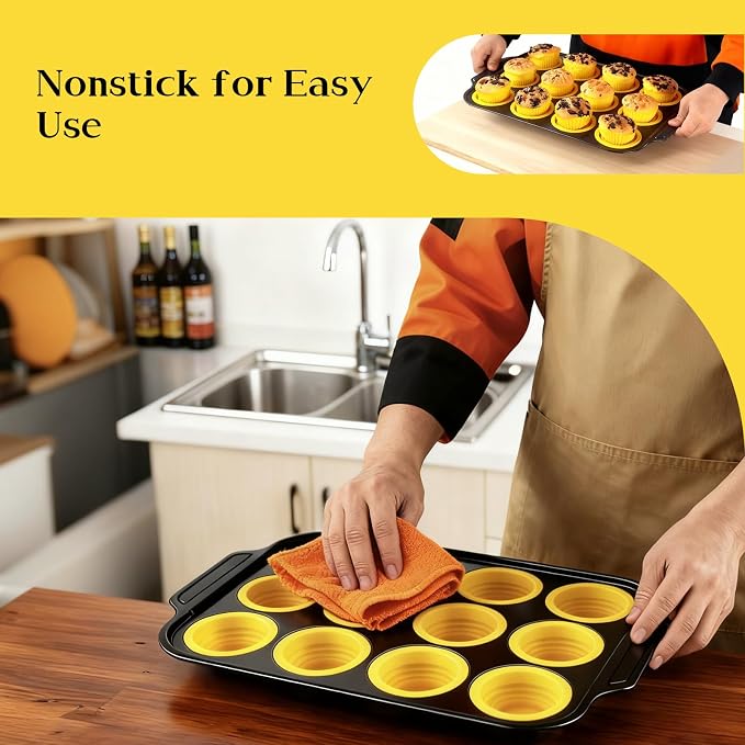 Collapsible Silicone Cupcake Pan, Egg Bites Silicone Mold & Donut Molds for Baking, 12-Cavity Pressable Tray, Perfect for Muffins, Egg Bites & Donuts