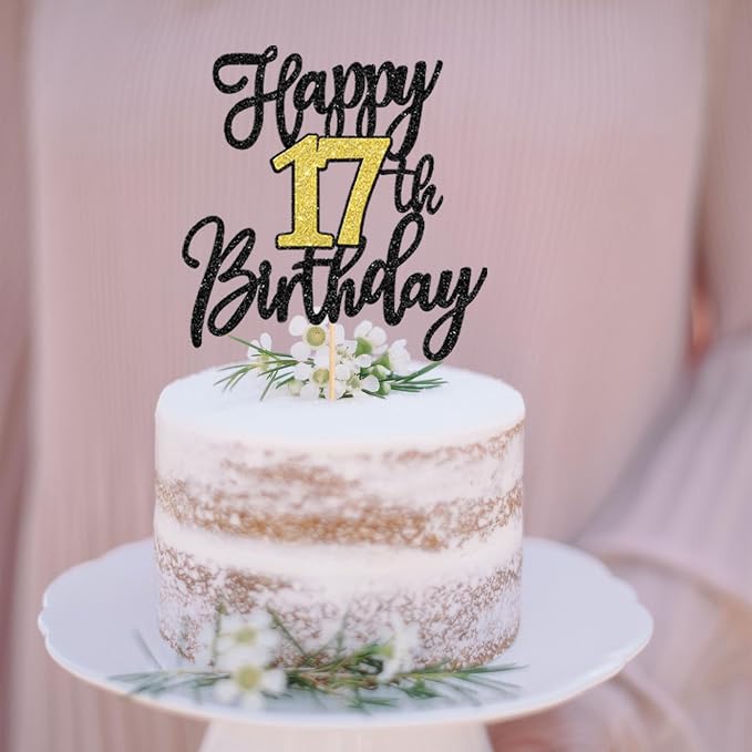 1 PCS Happy 17th Birthday Cake Topper Black Gold Glitter Cheers to 17 Years Birthday Cake Pick 17 Fabulous Cake Decoration for Happy 17th Birthday Anniversary Party Decorations Supplies