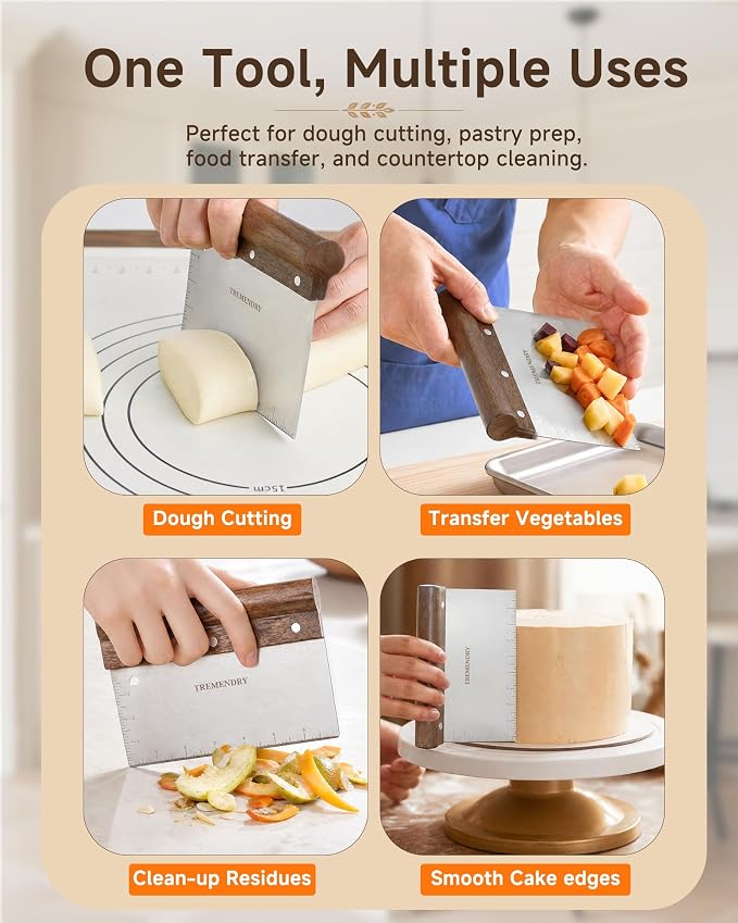 Extra Large Bench Scraper with Walnut Grip, Dough Cutter for Bread & Food | Natural Wood, 4x7 inches Stainless Steel Blade, Sharp Cutting Edge, Laser-Etched Measurement, Hanging Store, Bonus S-Hook