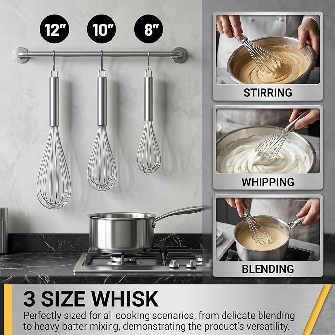 Whisks for Cooking,Stainless Steel Whisk Set 8" 10" 12",Balloon Wire Whisks for Whisking, Beating, Blending Ingredients, Mixing Sauces (Silver)
