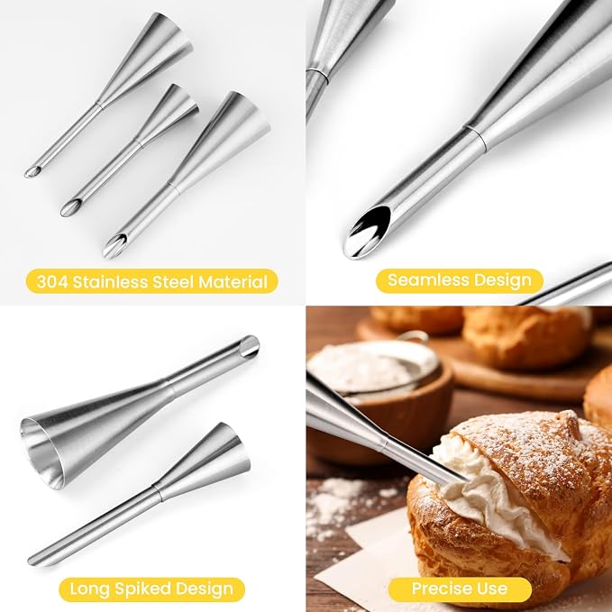 Kasmoire 3Pcs Cream Icing Piping Nozzle Tips,Stainless Steel Long Puff Nozzle Tip With 10Pcs Disposable Piping Bags,Puff Pastry Filling Cake Decorating Tools