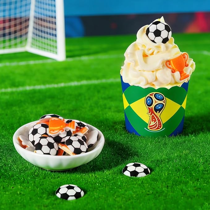 Soccer Icing Decorations 24 Counts Edible Football & World Cup Trophy Royal Icing Decoration Sugar Sprinkles for Baking Cupcake Topper Cake Ice Cream Cookies Chocolate