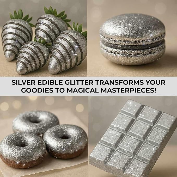 Silver Edible Glitter for Drinks 20g - Silver Edible Glitter for Cakes Cocktails Metallic Cake Decoration Sprinkles - Luster Dust for Cocktail & Cake Topper Chocolate Baking Decorating Fondant Cookies - Drink Shimmer Spray - Food Grade Vegan, Kosher, H...