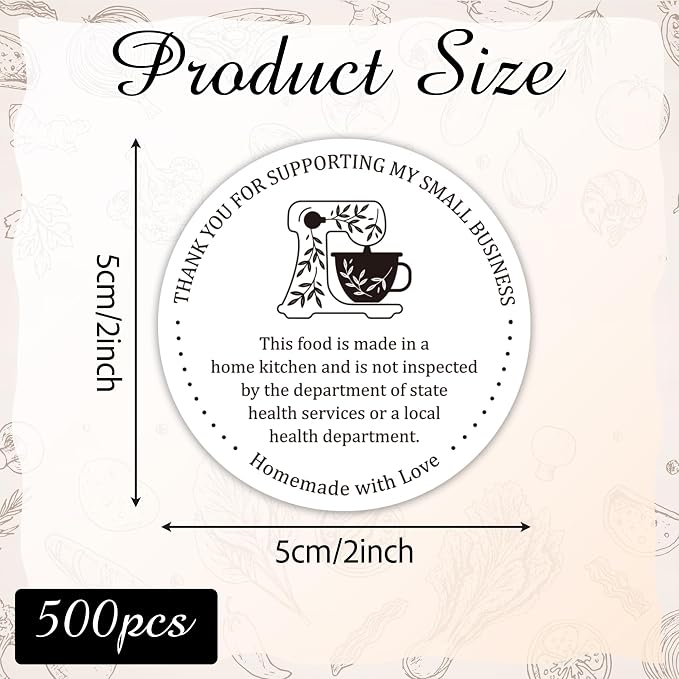 PANTIDE 500 Count Thank You for Supporting My Small Business Label Stickers | Cottage Food Law, Homemade with Love, Waterproof Adhesive Round Decal Roll, for Food Packaging Orders Gift Bags, 2 x 2 Inch