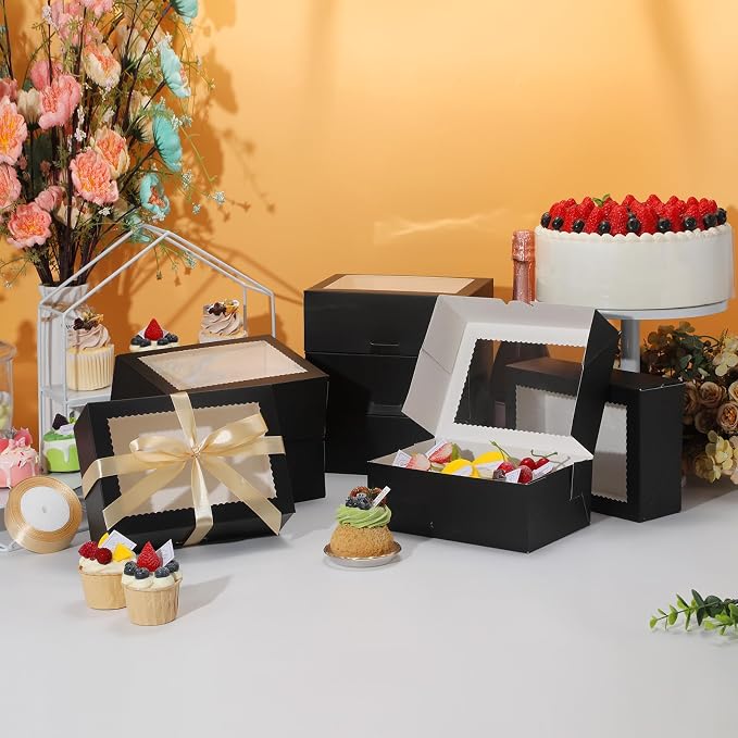 COTOPHER 10Pcs Cookie Boxes with Ribbons, 9x6x3 Inch Bakery Boxes with Window, Black Treat Containers for Pastries, Chocolate Covered Strawberries, Dessert, Easter Candy, Muffins, Donuts