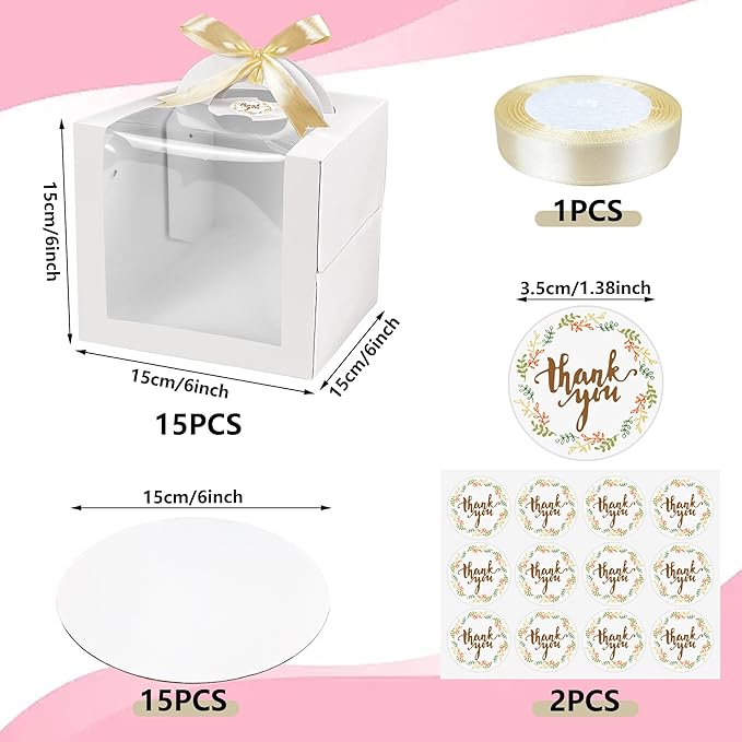 MUMULULU 15 PCS 6 x 6 x 6 Inches Cake Boxes with Carry Handles and Cake Boards White Bakery Boxes with Silk Ribbon and Stickers for Cakes Pastries Birthday Party Wedding
