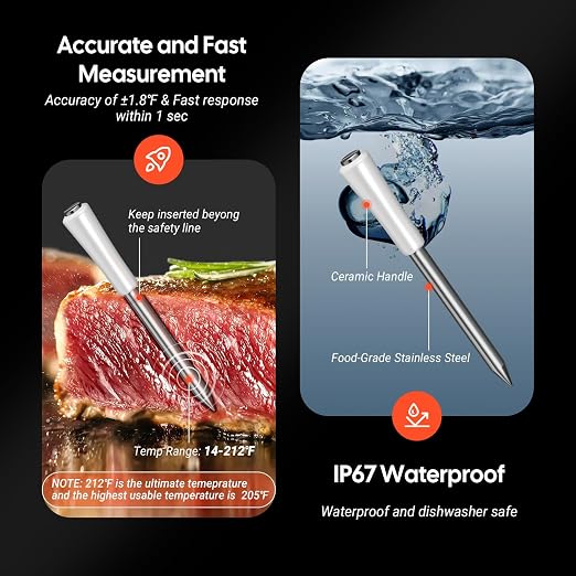 4-inch Short Probe Wireless Meat Thermometer – 1000ft Bluetooth, Clear LED Display, 60-Min Offline Data Storage – Digital Food Thermometer for BBQ, Grill, Oven, Rotisserie