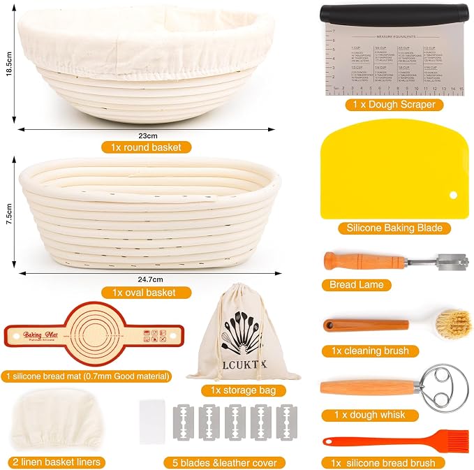 Banneton Basket Set, Complete Sourdough Baking Kit with 9'' Round and 10'' Oval Proofing Bowls Bread Baskets, Sling, and Other Bread Making Supplies Tools - Ideal for Artisan Bread