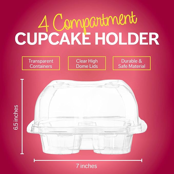 Plastic Cupcake Containers Boxes | 4 Compartment – 50 Pack | Disposable High Dome Cupcake Holder With Lid Bulk | Extra Sturdy And Stackable Cupcake Boxes | Durable Muffin Packaging Transporter To Go