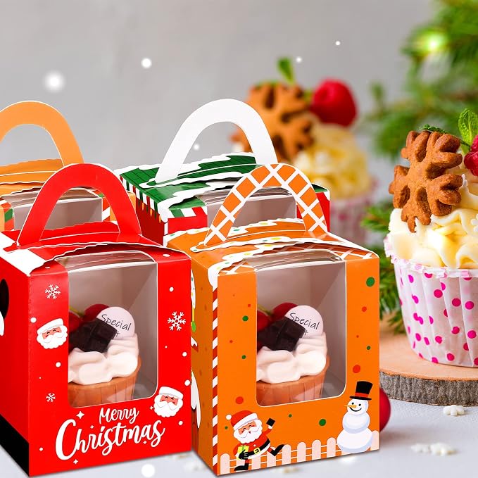 TaoBary 24 Pcs Christmas Cupcake Boxes Xmas Individual Cupcake Box Christmas Cookie Boxes with Window Insert Handle Muffin Pastry Holder Bakery Treat Box for X-mas Party(Gingerbread)