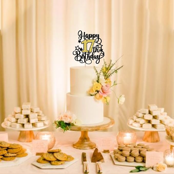 1 PCS Happy 17th Birthday Cake Topper Black Gold Glitter Cheers to 17 Years Birthday Cake Pick Hello 17 Fabulous Cake Decoration for Happy 17th Birthday Anniversary Party Decorations Supplies