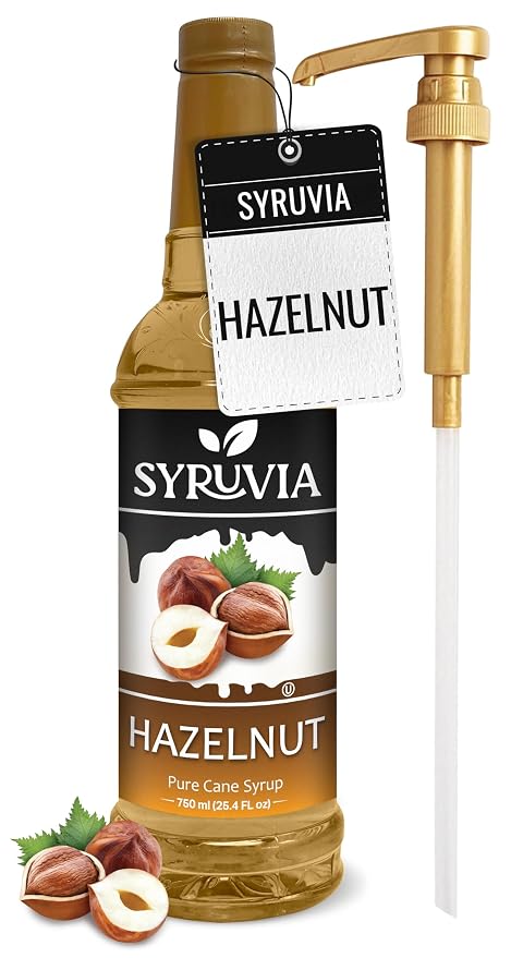 Syruvia Coffee Syrup, Hazelnut Flavored Syrup for Drinks, Lattes, and Desserts – 25.4 fl oz - with Pump
