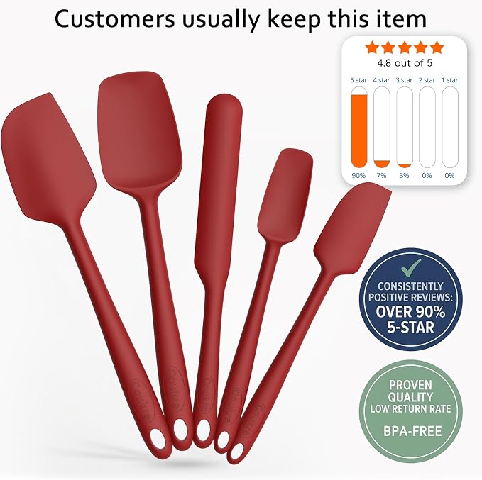 Coukre Silicone Spatula Set of 5,High Temperature Resistant, Food Grade Silicone, Dishwasher Safe, for Baking, Cooking (Pure Red)